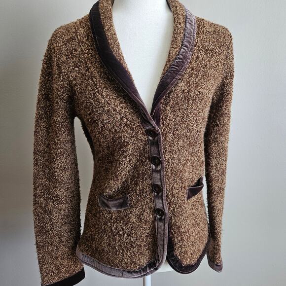 Anthropologie HWR Brown Boucle Cardigan Blazer M Velvet Trim Wool Blend - Picture 1 of 13